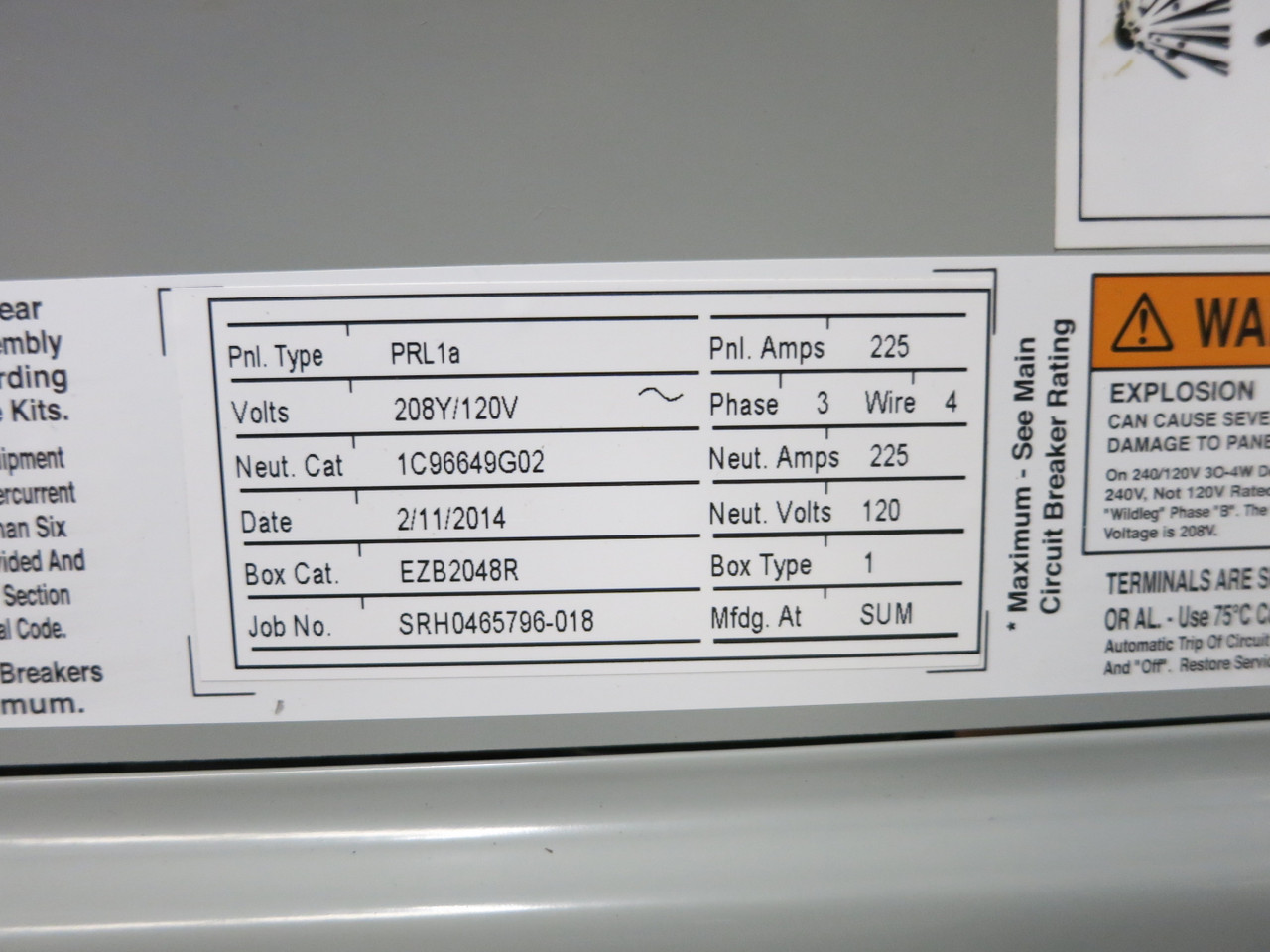 Eaton 225A 208/120V PRL1a Breaker Panel Board MLO 3PH 4W 225 Amp